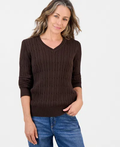 Style & Co Petite Cotton Cable-knit V-neck Sweater, Created For Macy's In Rich Coffee