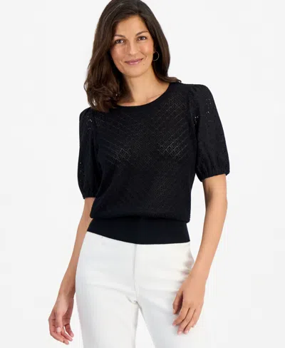 Style & Co Petite Cotton Crewneck Pointelle Sweater, Macy's Exclusive In Deep Black