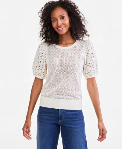 Style & Co Petite Cotton Crewneck Pointelle Sweater, Macy's Exclusive In Palomino