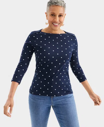 Style & Co Petite Cotton Dot-print Boat-neck Top, Created For Macy's In Dot Industrial Blue