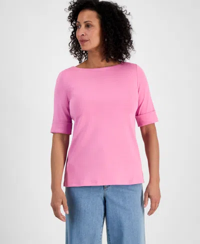 Style & Co Petite Cotton Elbow-sleeve Boat-neck Top, Created For Macy's In Purple