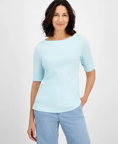 Style & Co Petite Cotton Elbow-sleeve Boat-neck Top, Created For Macy's In Green