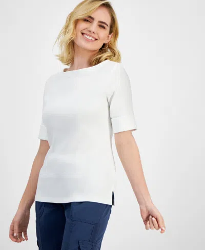 Style & Co Petite Cotton Elbow-sleeve Boat-neck Top, Created For Macy's In Bright White