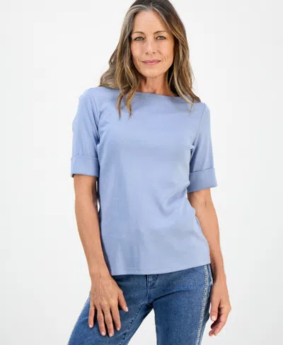 Style & Co Petite Cotton Elbow-sleeve Boat-neck Top, Exclusively At Macy's In Blue