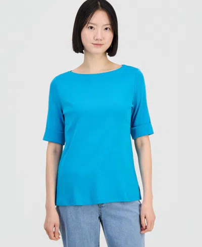Style & Co Petite Cotton Elbow-sleeve Boat-neck Top, Exclusively At Macy's In Blue
