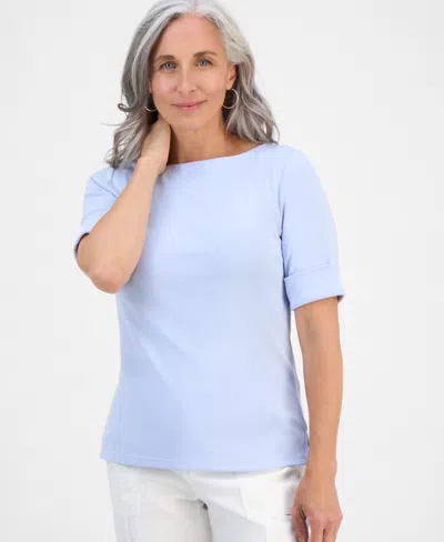 Style & Co Petite Cotton Elbow-sleeve Boat-neck Top, Exclusively At Macy's In Blue