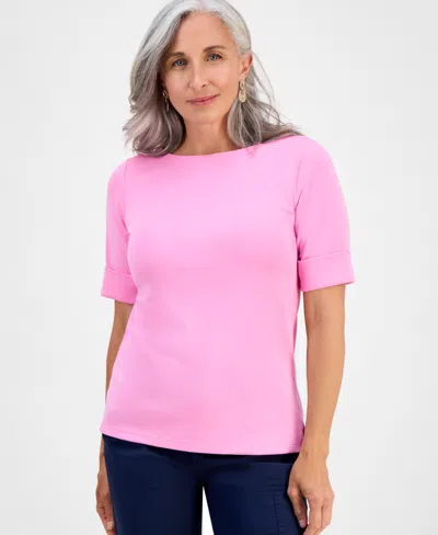 STYLE & CO PETITE COTTON ELBOW-SLEEVE BOAT-NECK TOP, EXCLUSIVELY AT MACY'S