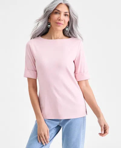 Style & Co Petite Cotton Elbow-sleeve Boat-neck Top, Exclusively At Macy's In Pink