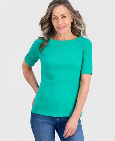 Style & Co Petite Cotton Elbow-sleeve Boat-neck Top, Exclusively At Macy's In Green