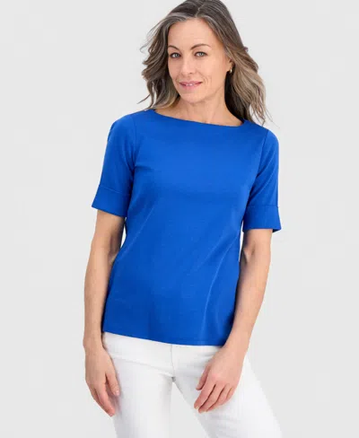 Style & Co Petite Cotton Elbow-sleeve Boat-neck Top, Exclusively At Macy's In Blue