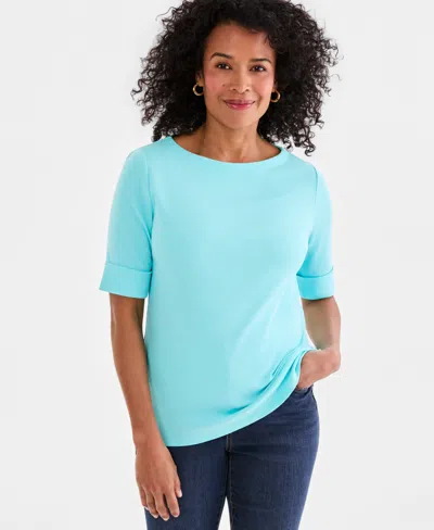 Style & Co Petite Cotton Elbow-sleeve Boat-neck Top, Exclusively At Macy's In Blue