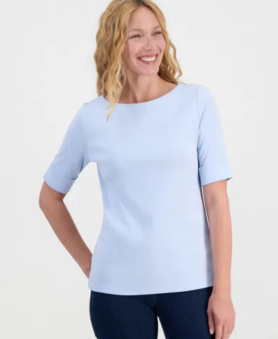 Style & Co Petite Cotton Elbow-sleeve Boat-neck Top, Exclusively At Macy's In Blue