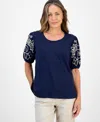Style & Co Petite Cotton Embroidered Elbow-sleeve Top, Macy's Exclusive In Blue