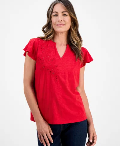 Style & Co Petite Cotton Embroidered Flutter-sleeve Knit Top, Macy's Exclusive In Red