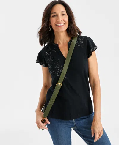 Style & Co Petite Cotton Embroidered Flutter-sleeve Knit Top, Macy's Exclusive In Black