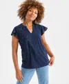 Style & Co Petite Cotton Embroidered Flutter-sleeve Knit Top, Macy's Exclusive In Blue