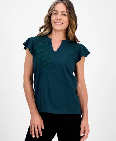 Style & Co Petite Cotton Embroidered Flutter-sleeve Knit Top, Macy's Exclusive In Green