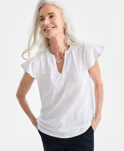 Style & Co Petite Cotton Embroidered Flutter-sleeve Knit Top, Macy's Exclusive In White