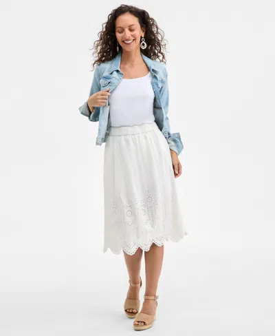 Style & Co Petite Cotton Eyelet-hem Skirt, Exclusively At Macy's In Bright White