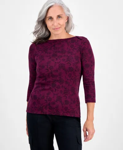 Style & Co Petite Cotton Floral 3/4-sleeve Boat-neck Top, Macy's Exclusive