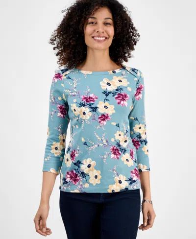 Style & Co Petite Cotton Floral 3/4-sleeve Boat-neck Top, Macy's Exclusive