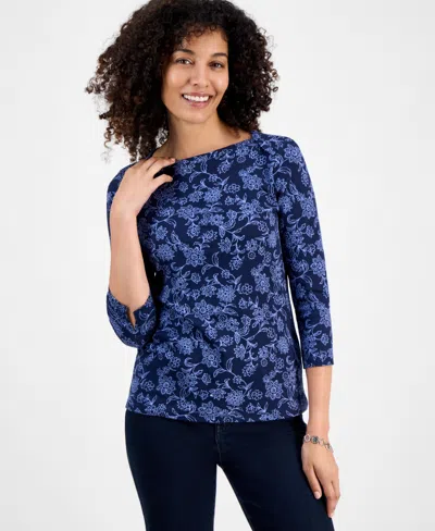 Style & Co Petite Cotton Floral 3/4-sleeve Boat-neck Top, Macy's Exclusive In Blue