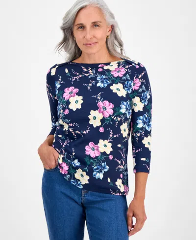 Style & Co Petite Cotton Floral 3/4-sleeve Boat-neck Top, Macy's Exclusive In Blue