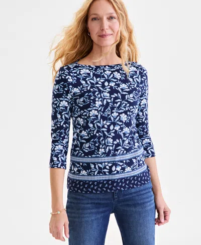 Style & Co Petite Cotton Floral Medallion 3/4-sleeve Top, Exclusively At Macy's In Gram Blue