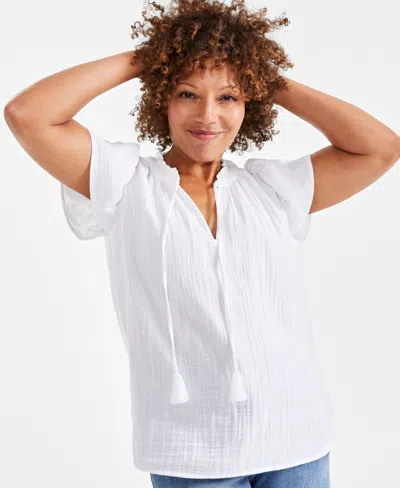 Style & Co Women's Cotton Gauze Tie-neck Flutter-sleeve Top, Created For Macy's In Bright White