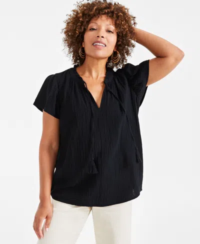 Style & Co Women's Cotton Gauze Tie-neck Flutter-sleeve Top, Created For Macy's In Deep Black
