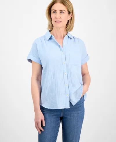 Style & Co Petite Cotton Gauze Camp Shirt, Created For Macy's In Dream Blue