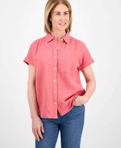 Style & Co Petite Cotton Gauze Camp Shirt, Created For Macy's In Red Granite