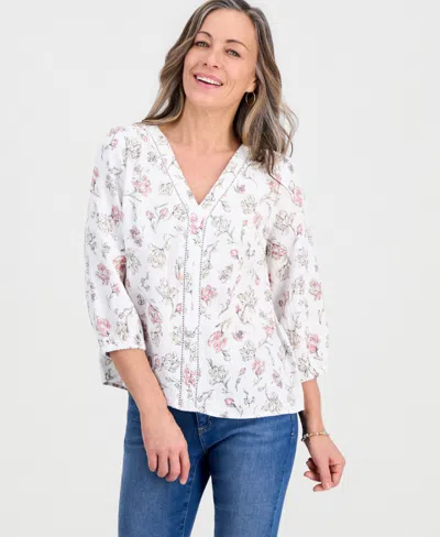 Style & Co Petite Cotton Gauze Printed 3/4-sleeve Top, Macy's Exclusive In White