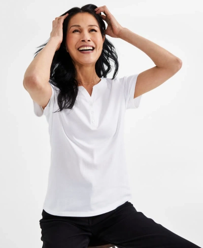 Style & Co Petite Cotton Henley Short-sleeve T-shirt, Created For Macy's In Bright White
