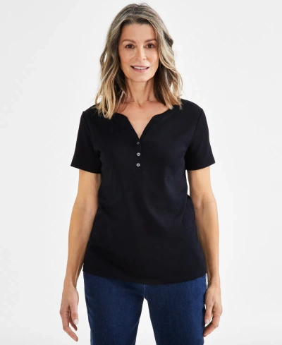 Style & Co Petite Cotton Henley Short-sleeve T-shirt, Created For Macy's In Deep Black