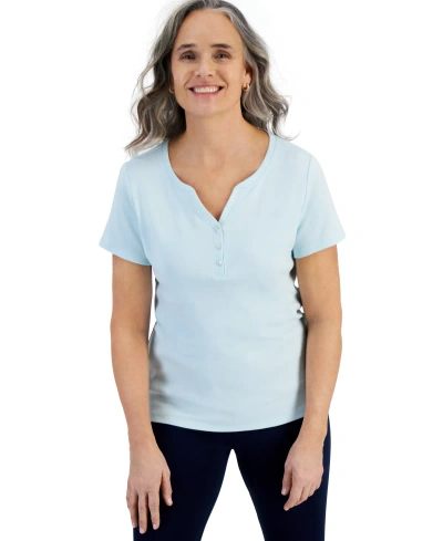 Style & Co Women's Short-sleeve Cotton Henley Top, Xs-4x, Created For Macy's In Minty Turquoise