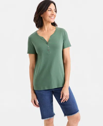 Style & Co Petite Cotton Henley Short-sleeve T-shirt, Exclusively At Macy's In Green