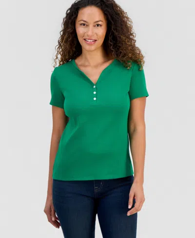 Style & Co Petite Cotton Henley Short-sleeve T-shirt, Exclusively At Macy's In Green