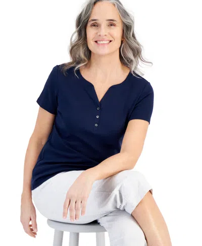 Style & Co Petite Cotton Henley Short-sleeve T-shirt, Created For Macy's In Blue