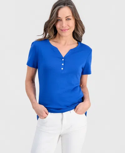 Style & Co Petite Cotton Henley Short-sleeve T-shirt, Exclusively At Macy's In Blue