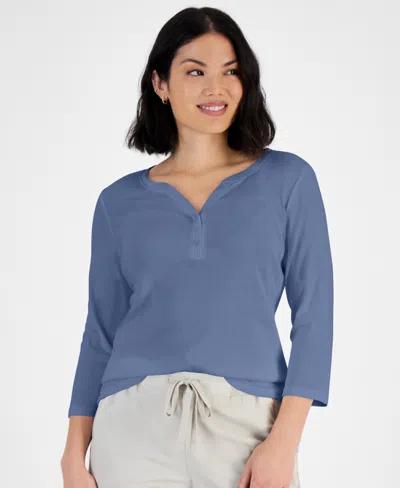Style & Co Petite Cotton Knit Henley 3/4-sleeve Top, Created For Macy's In Blue