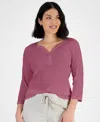 Style & Co Petite Cotton Knit Henley 3/4-sleeve Top, Created For Macy's In Pink