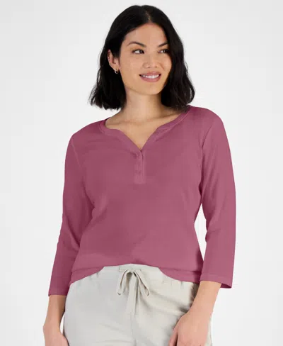 Style & Co Petite Cotton Knit Henley 3/4-sleeve Top, Created For Macy's In Pink