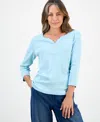Style & Co Petite Cotton Knit Henley 3/4-sleeve Top, Created For Macy's In Blue