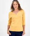 Style & Co Petite Cotton Knit Henley 3/4-sleeve Top, Created For Macy's In Gold