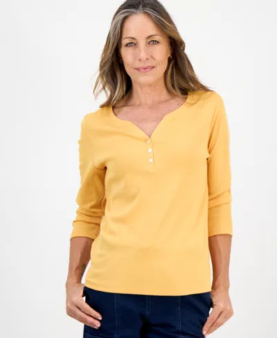 Style & Co Petite Cotton Knit Henley 3/4-sleeve Top, Created For Macy's In Gold