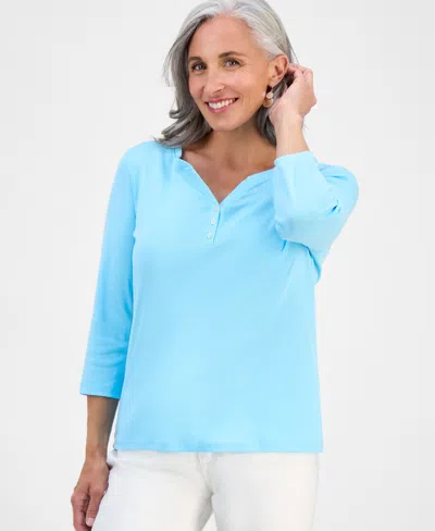 Style & Co Petite Cotton Knit Henley 3/4-sleeve Top, Created For Macy's In Blue