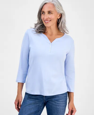 Style & Co Petite Cotton Knit Henley 3/4-sleeve Top, Created For Macy's In Brown