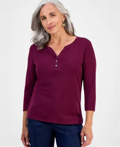 Style & Co Petite Cotton Knit Henley 3/4-sleeve Top, Created For Macy's In Burgundy