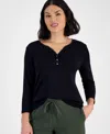 Style & Co Petite Cotton Knit Henley 3/4-sleeve Top, Created For Macy's In Black